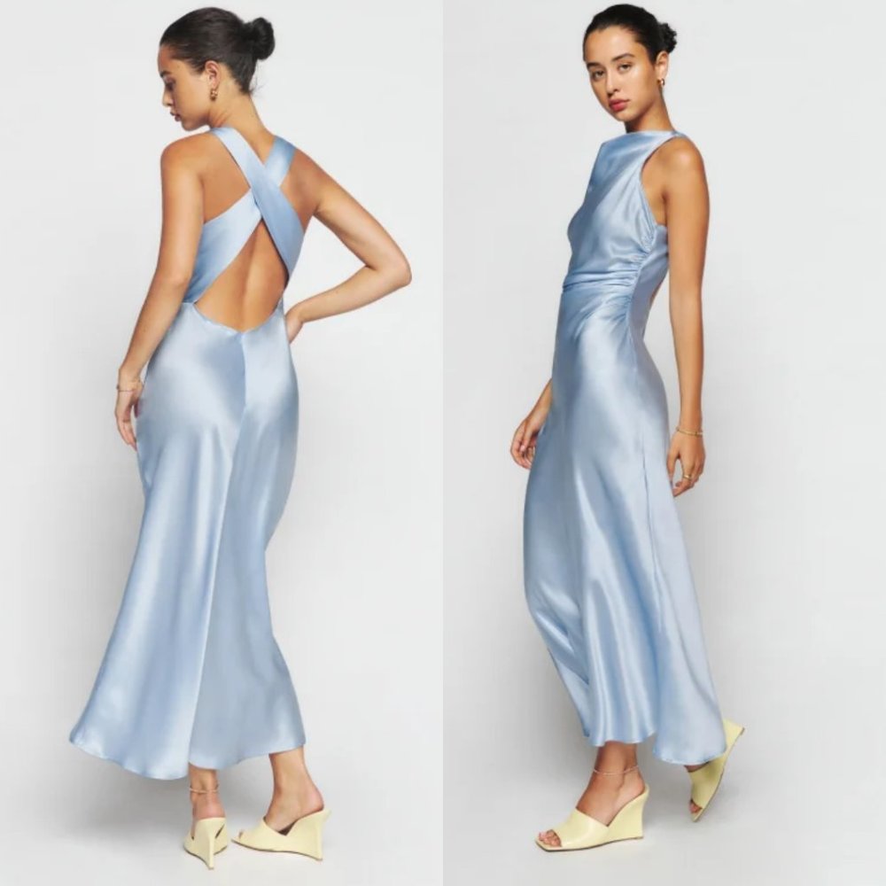 NWT Reformation Casette Midi Silk Dress Sz 10 Blue Horizon Open Back Cut-out